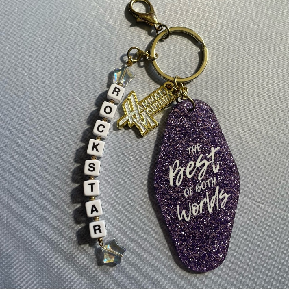 Purple Glitter Hannah Montana Keychain with Gold Accents